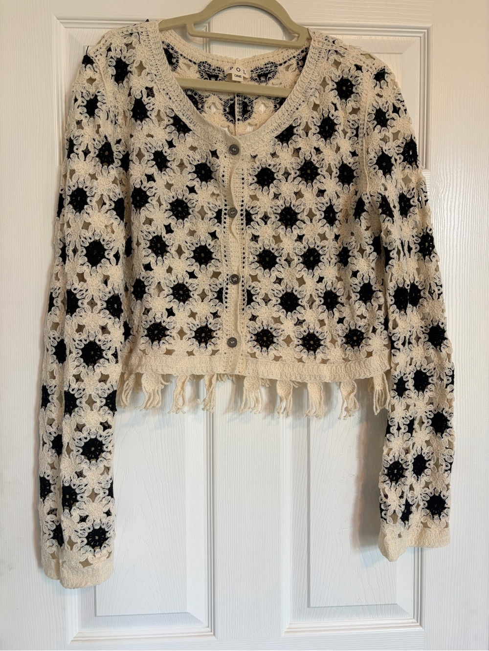 POL Crochet Fringe Black and Cream Button Cardigan Sweater